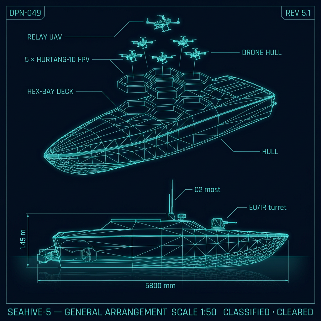 SeaHive-5 USV blueprint — top and side schematics with dimensions