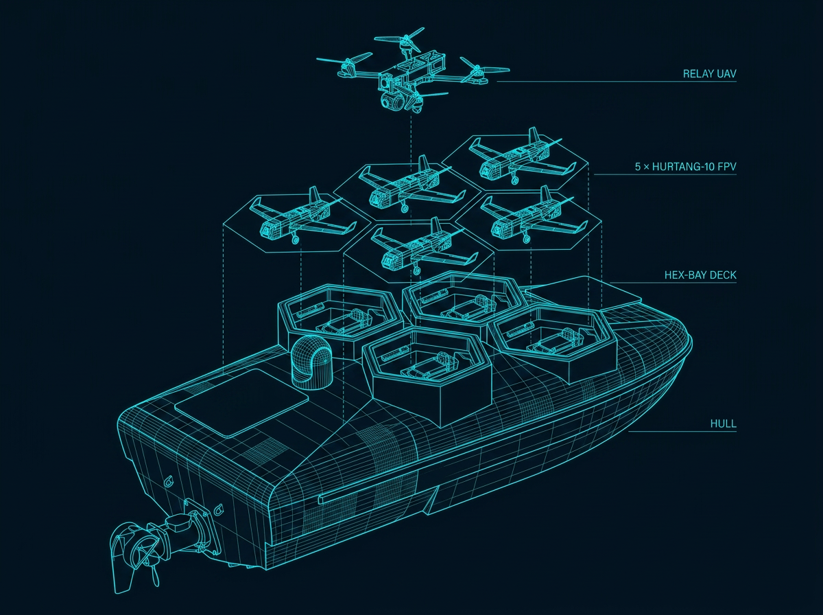 FPV swarm launch — exploded view